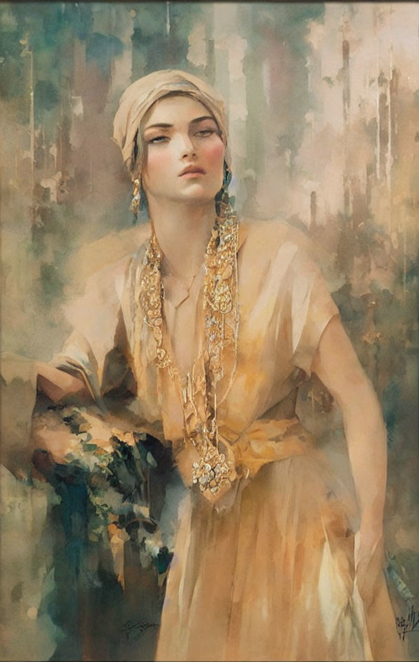 Woman in Headscarf and Ornate Jewelry: Ethereal Painting with Soft Tones