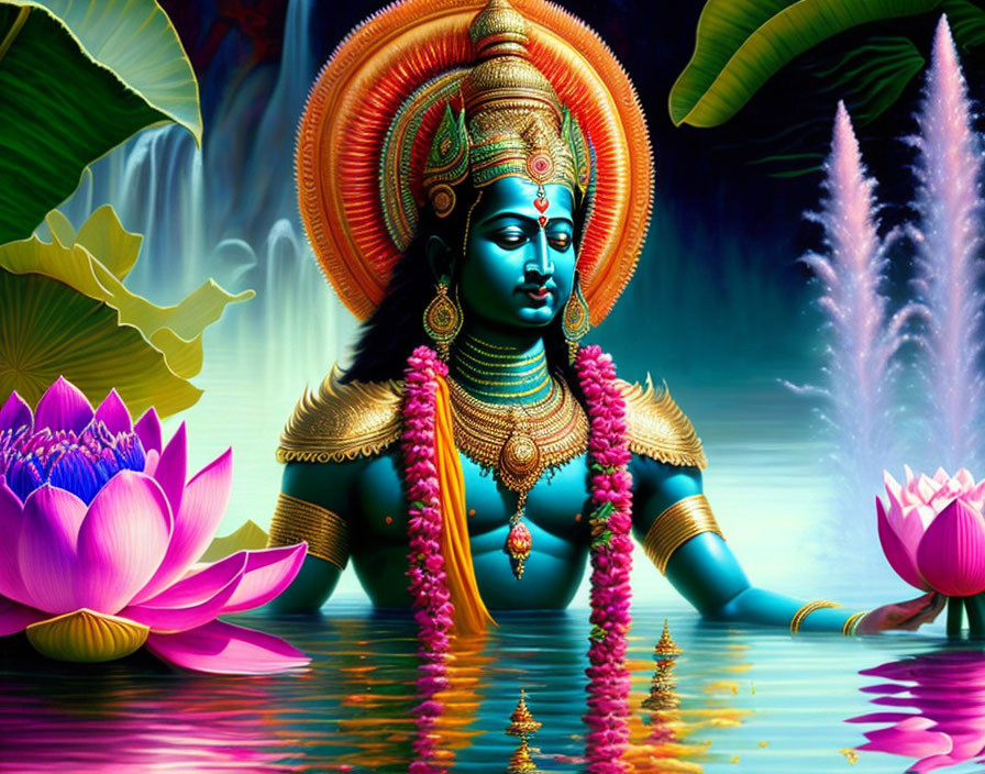 Blue-skinned deity with Indian adornments by water body