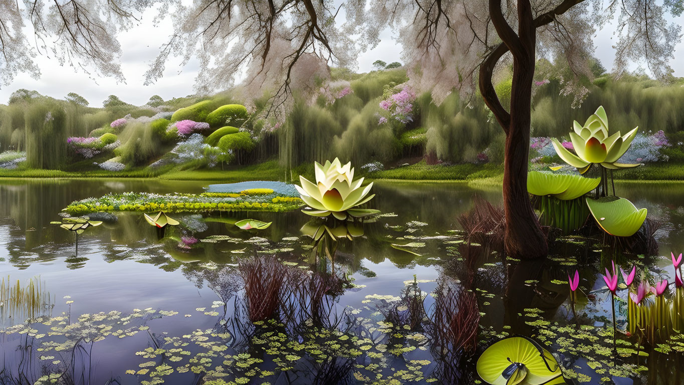 Tranquil pond with giant lotus flowers and lush flora