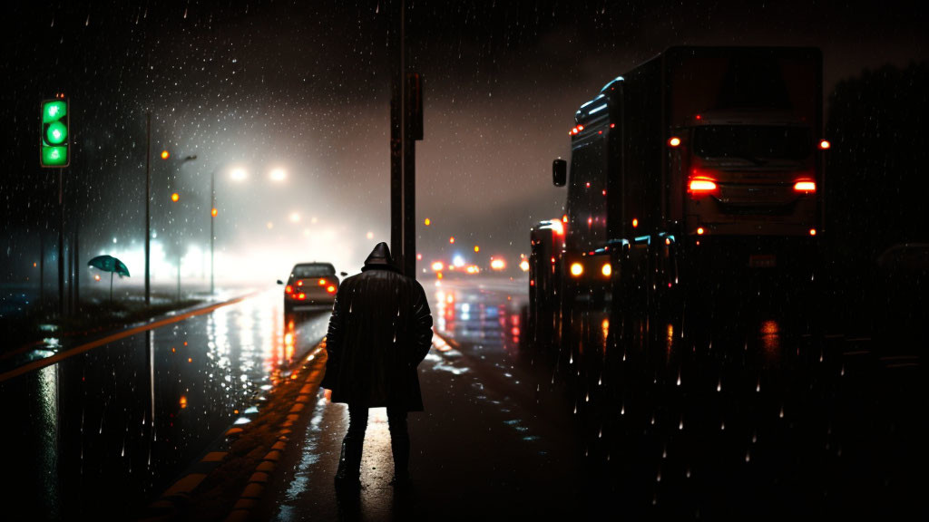 Person with umbrella walking on wet road at night with vehicle lights and rain.