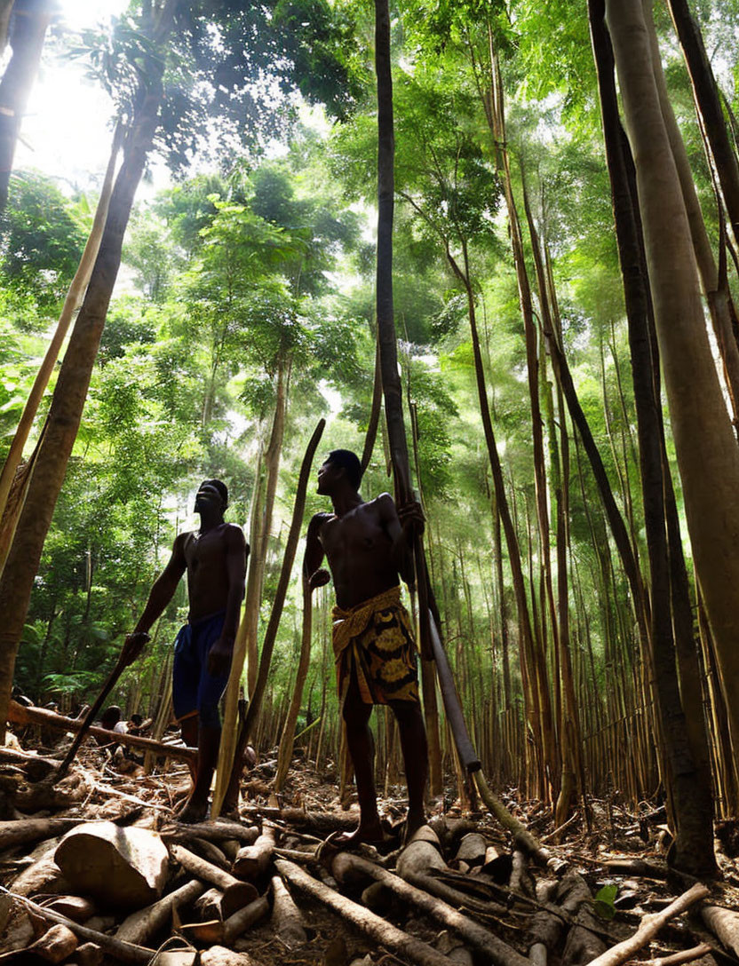 Two people in forest with tall trees and sunlight filtering through, holding sticks.