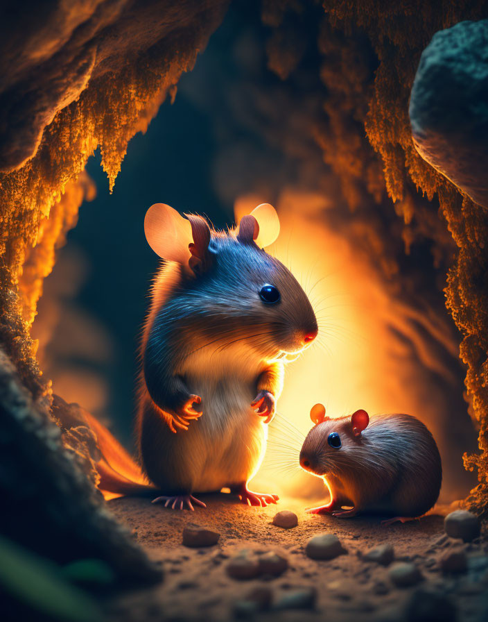 Two mice conversing under warm cave glow