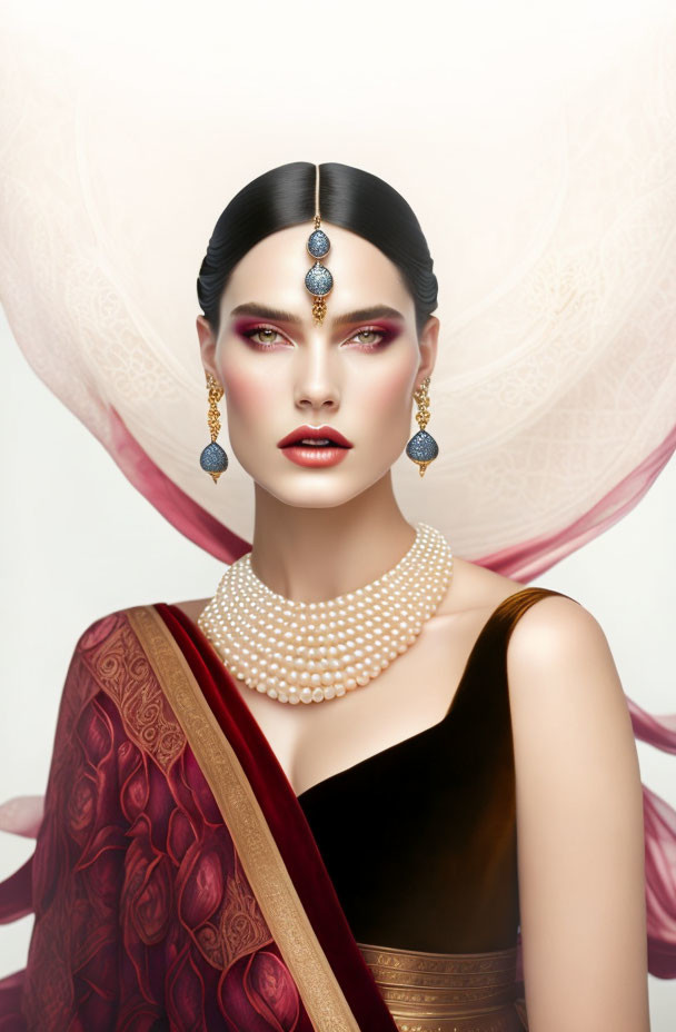 Elegant woman in red saree with maang tikka and earrings