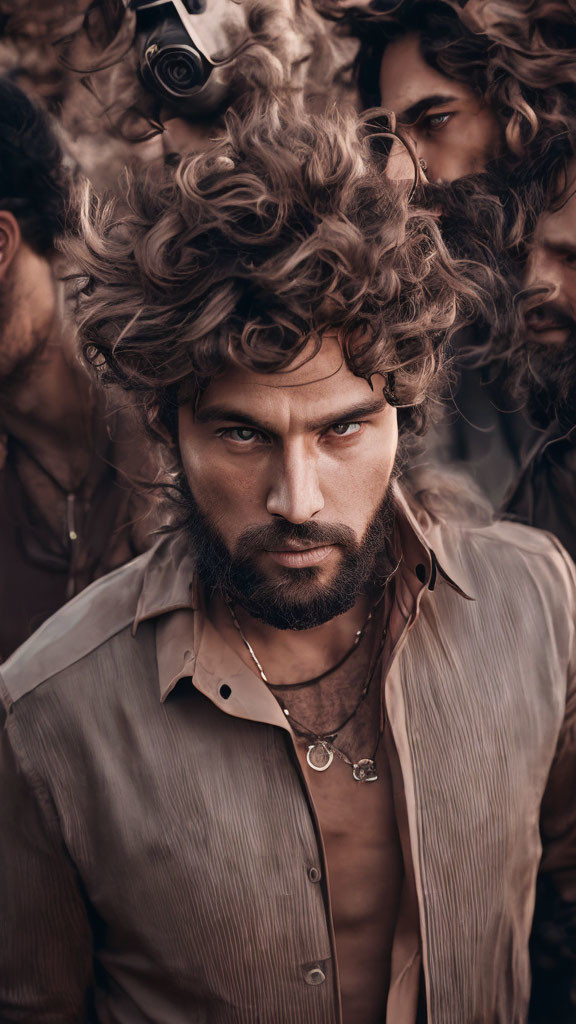 Intense-eyed man with curly hair in rugged setting