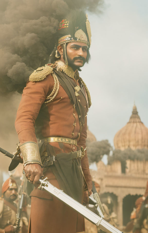 Man in ornate historical military uniform with sword on smoky battlefield