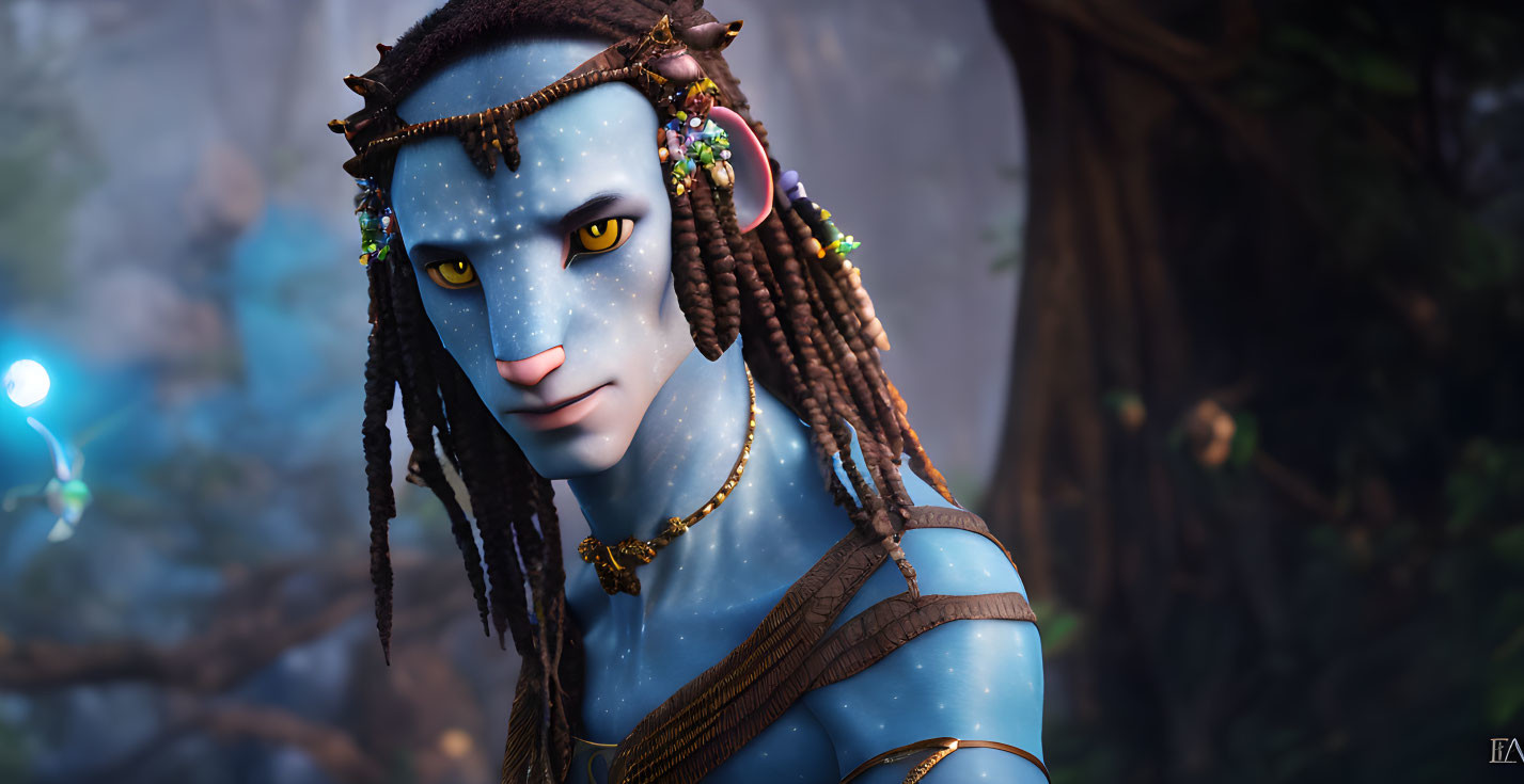 Blue-skinned Na'vi with yellow eyes, braided hair, and tribal jewelry