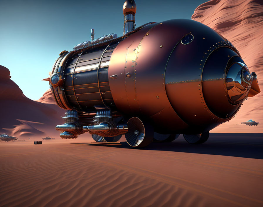 Futuristic steampunk-style submarine vehicle on desert sands