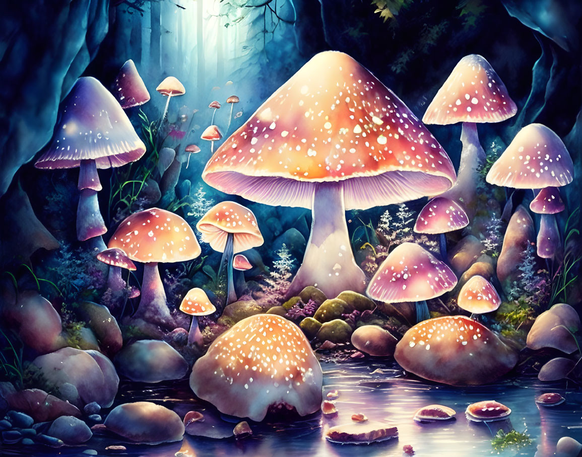 Enchanted forest with glowing oversized mushrooms in misty setting