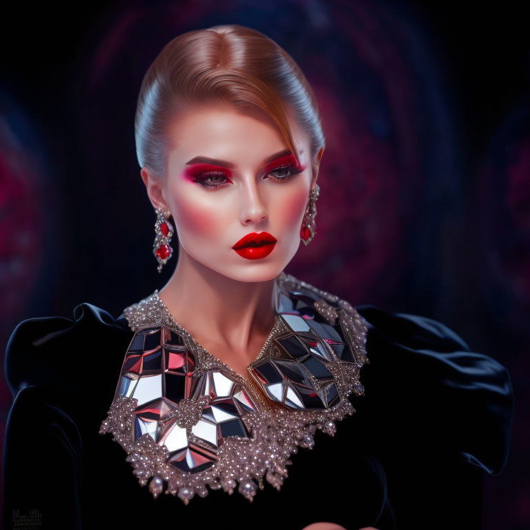 Digital artwork featuring woman with sleek hair, bold red makeup, ornate jewelry, against abstract backdrop