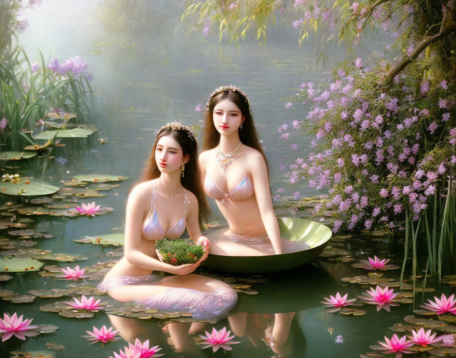 Mermaid-themed art featuring two women in a lotus pond