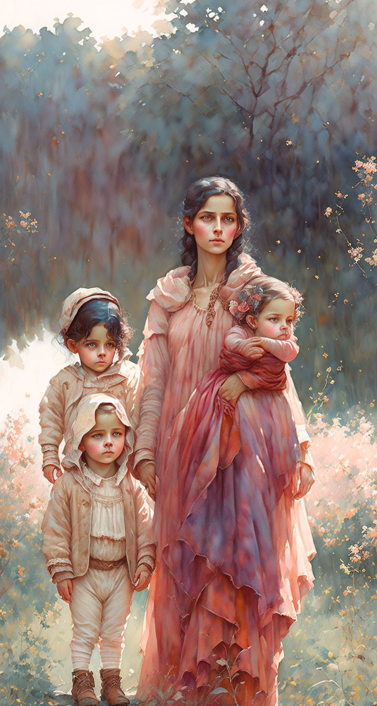 Woman in vintage attire with children in sunlit forest surrounded by pink petals