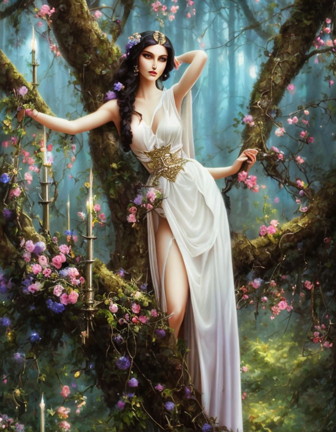 Dark-haired woman in white dress with gold accents in blooming forest