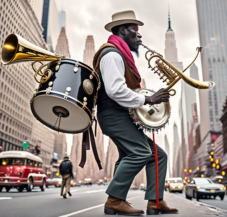 Street musician plays banjo and drums in city with skyscrapers