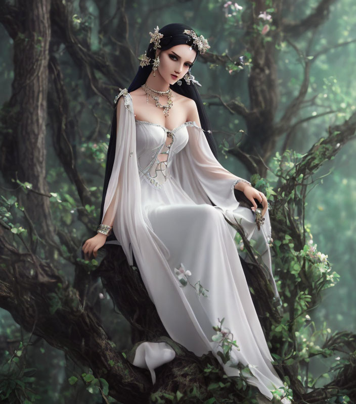 Fantasy style white dress with silver jewelry on elegant woman in mystical forest