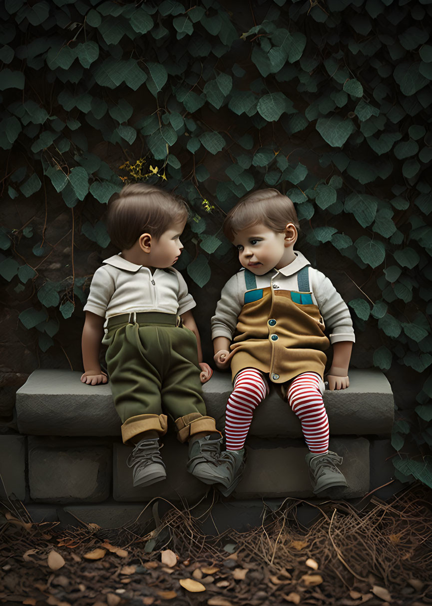 Two toddlers in vintage clothes on bench in greenery