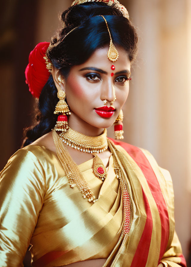 Traditional Indian bridal attire with gold jewelry and red saree