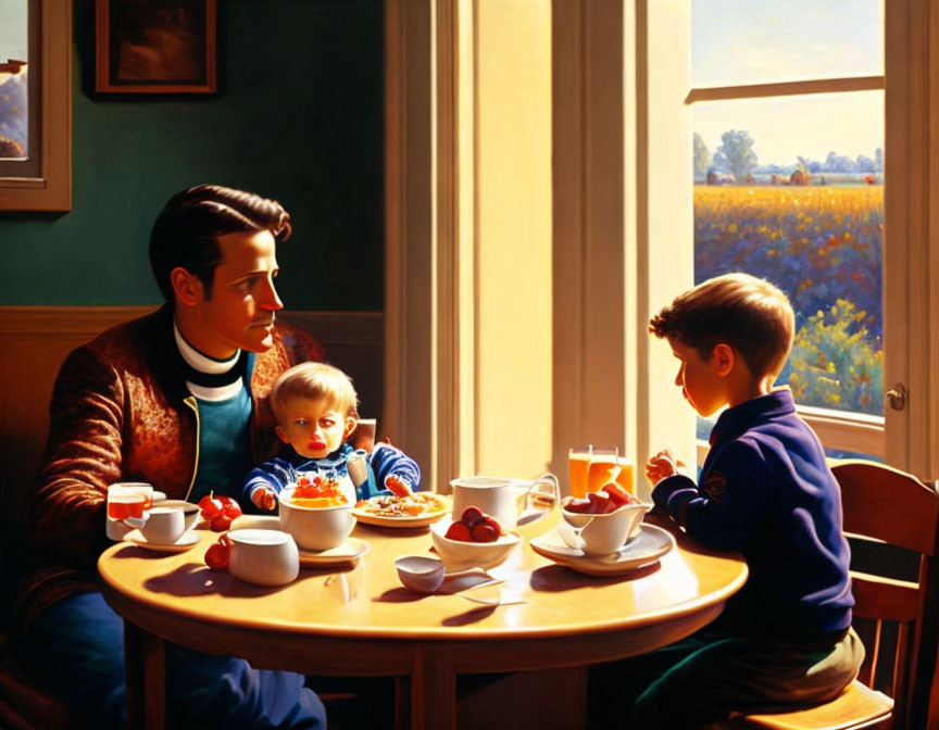 Man and two children at breakfast table near window with cereal and fruit.