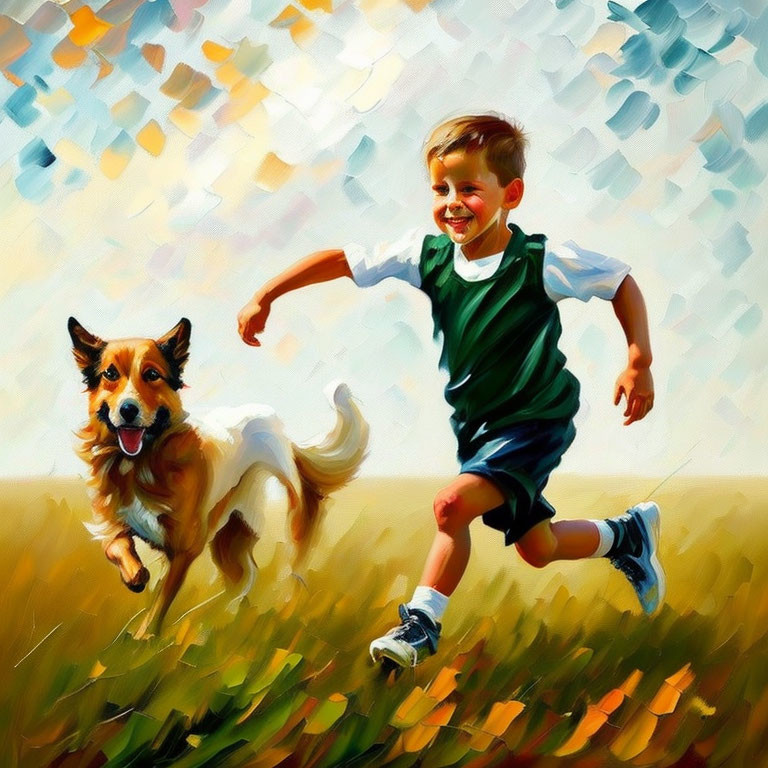 Boy and dog playing in sunlit field with colorful foliage