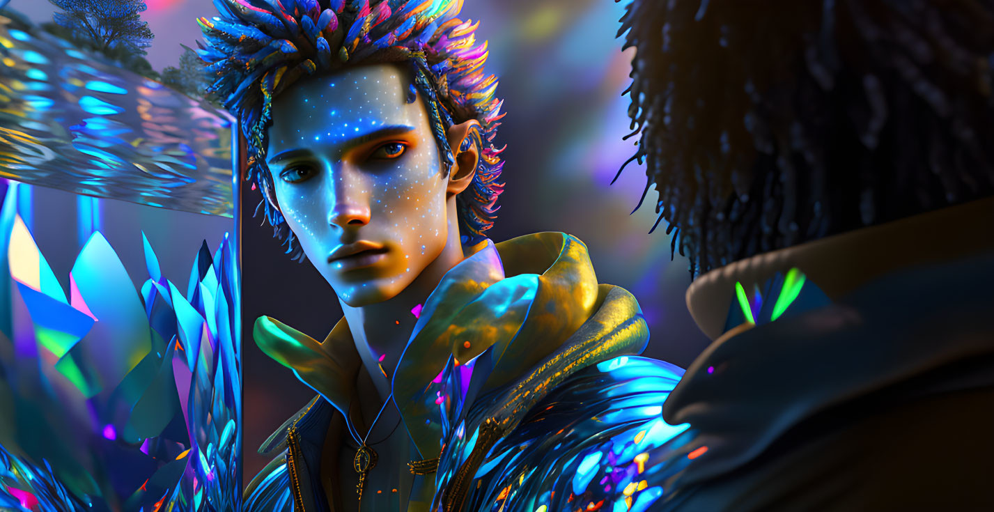 Ethereal male figure with blue speckled skin in vibrant, multicolored futuristic setting