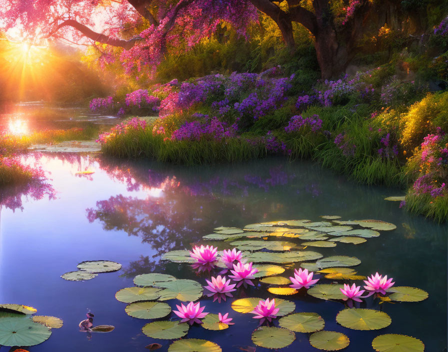 Tranquil pond at sunrise with pink water lilies and colorful flowers