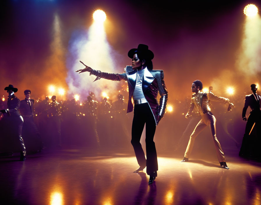 Performer in Black Hat and Sequined Jacket Leading Dancers on Stage