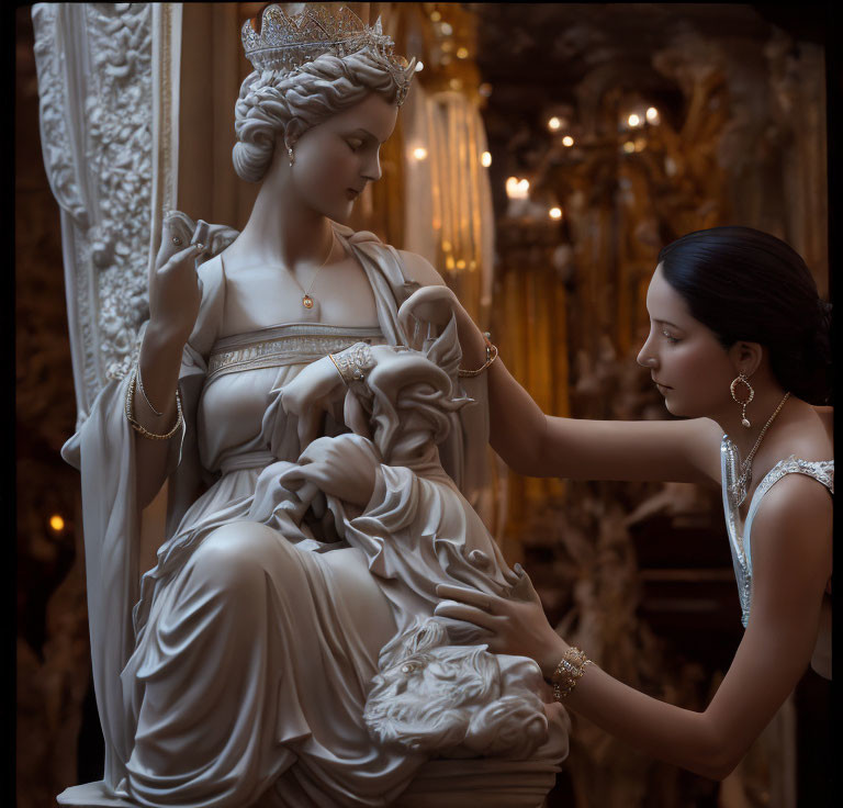 Elegant woman admires marble statue in richly decorated room