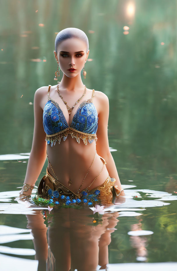 Digital artwork: Female figure in blue and gold bikini, surrounded by floating flowers