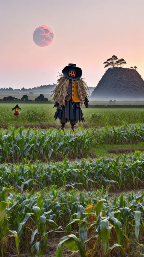 Spooky scarecrow with jack-o'-lantern head in cornfield at dusk