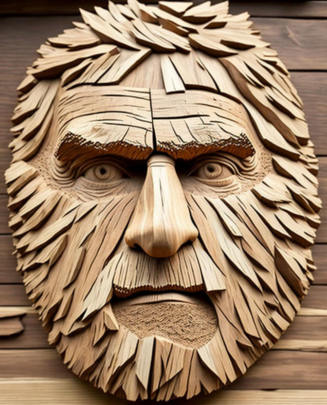 Wooden mask with lion-like mane and human-like features on wooden background