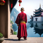 Traditional Attire Person by Serene Lake with Chinese Architecture and Red Lanterns