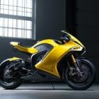 Yellow and Black Sport Motorcycle in Studio with Dramatic Lighting