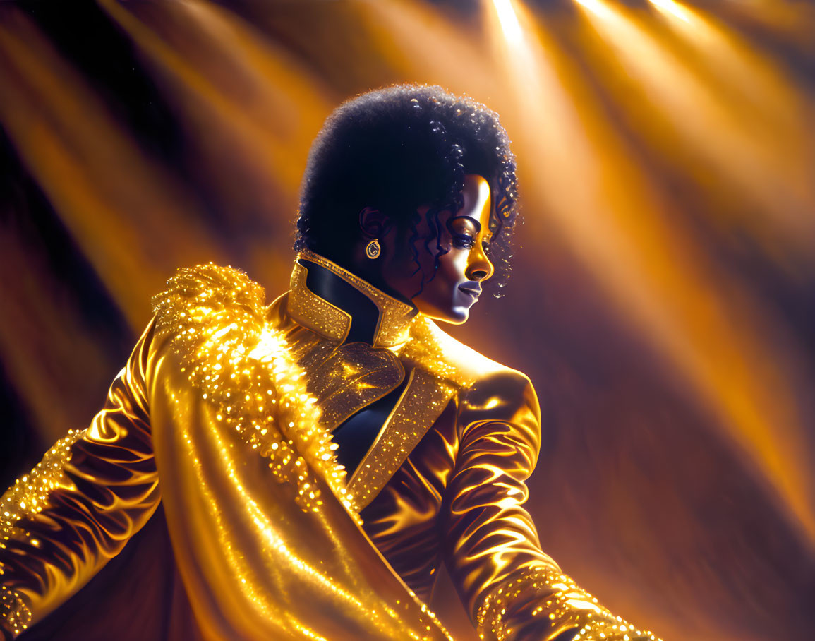 Person in Sparkling Gold Jacket with Dramatic Lighting