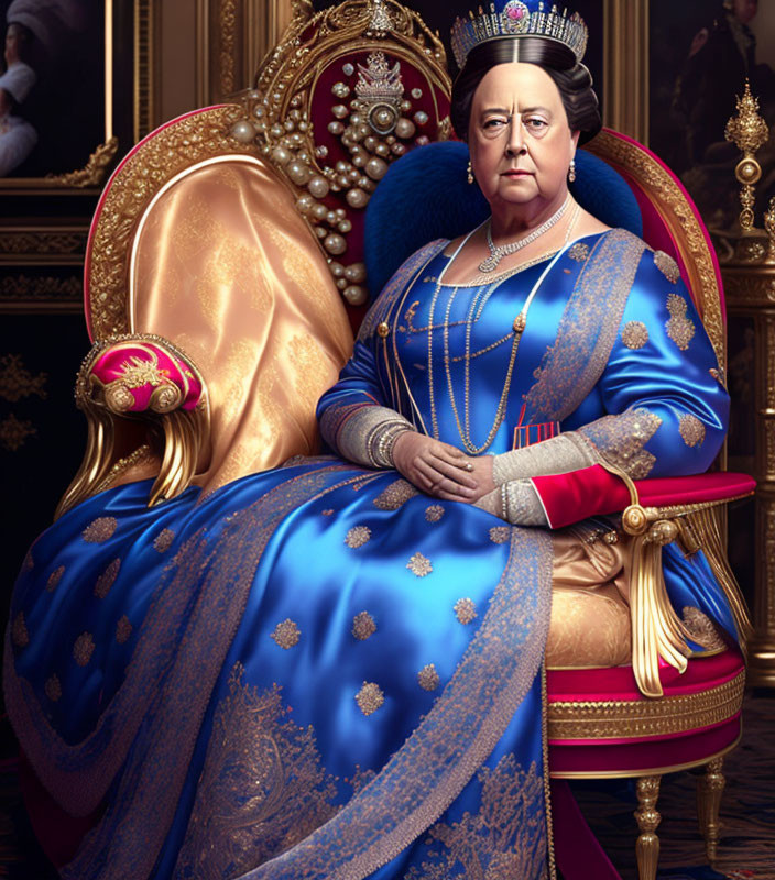 Regal figure in blue gown on throne with crown and scepter