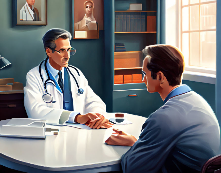 Doctor in white coat with stethoscope consults male patient in office with bookshelf, certification frame