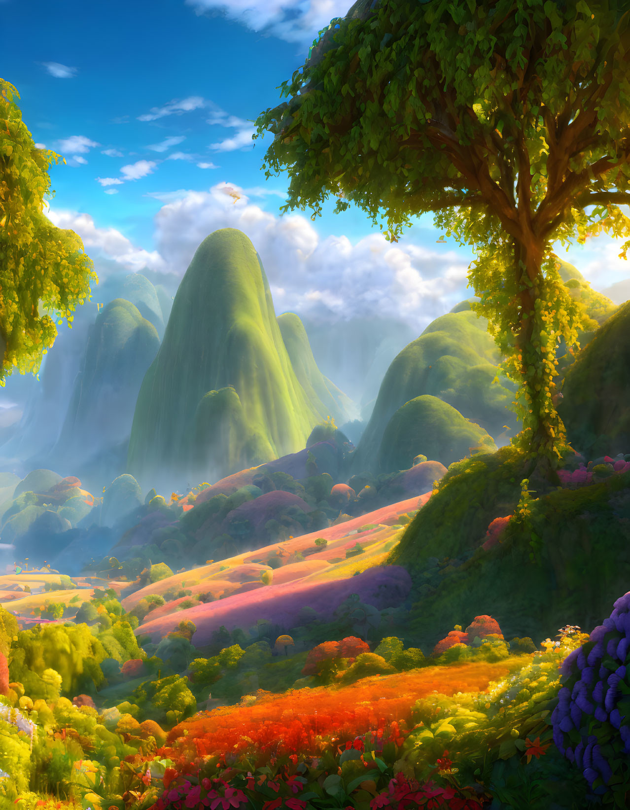 Colorful animated landscape with lush green hills and vibrant flowers under a warm sun