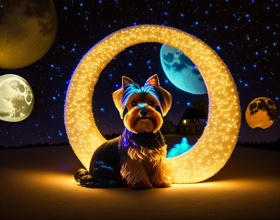 Yorkie in front of glowing circle with starry background and moons