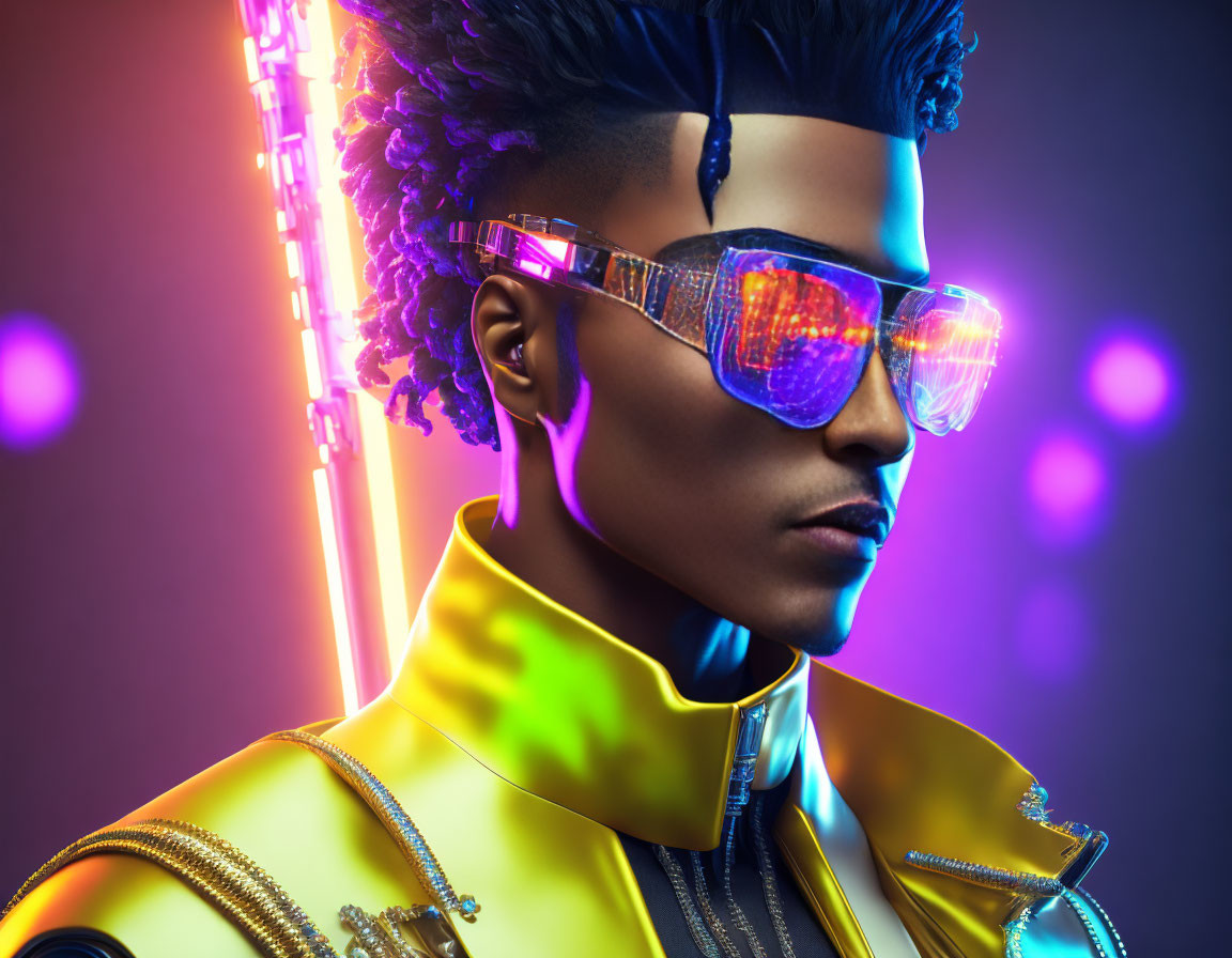 Futuristic man in neon sunglasses and yellow jacket under colorful lights