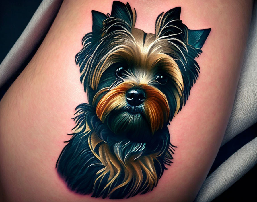 Detailed Yorkshire Terrier Dog Tattoo with Brown and Black Fur