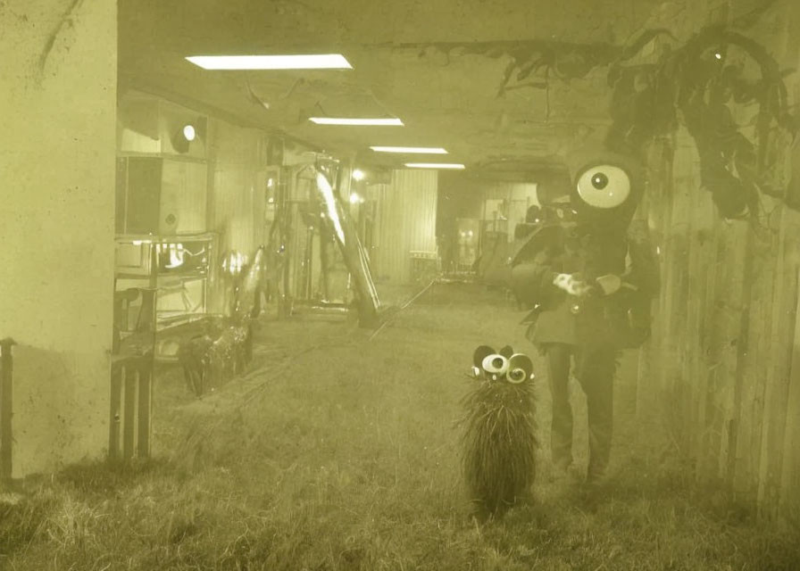 Sepia-Toned Indoor Greenery with Person Holding Round Object and Sculpted Animal Figure