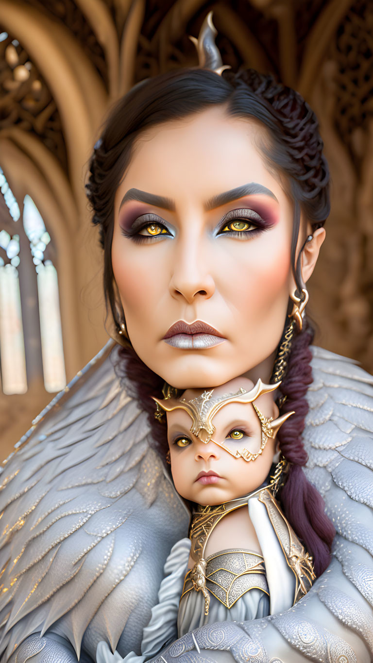 Woman with dramatic makeup holding ornate mask in feathered costume.