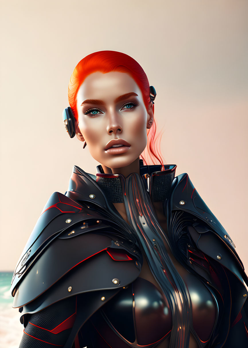 Digital Artwork: Woman with Red Hair in Futuristic Armor and Headphones