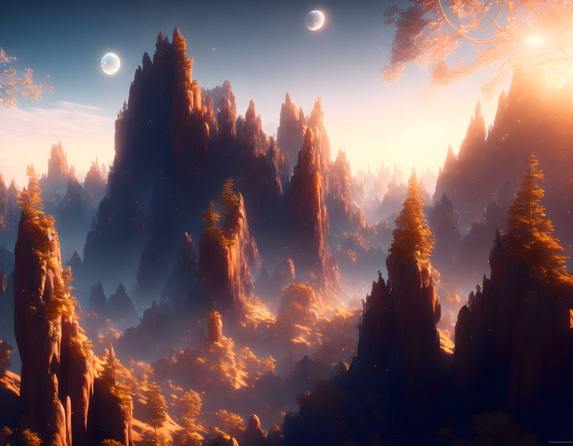 Majestic fantasy landscape with towering rock formations, forest, and dual moons in an orange sky.