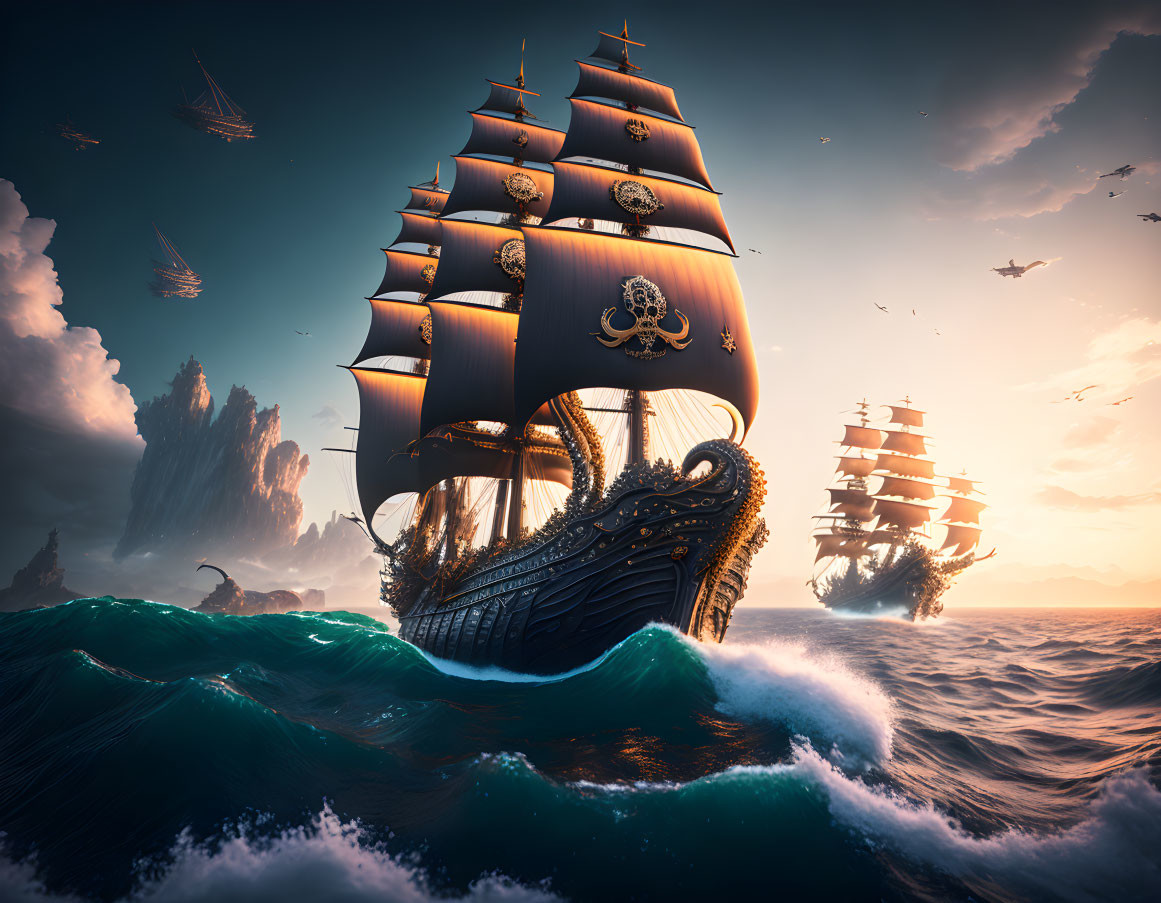 Fantasy pirate ships with skull sails near rock formations at sunset