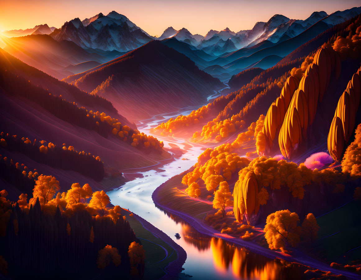 Scenic landscape with river, autumn forests, hills, and mountains