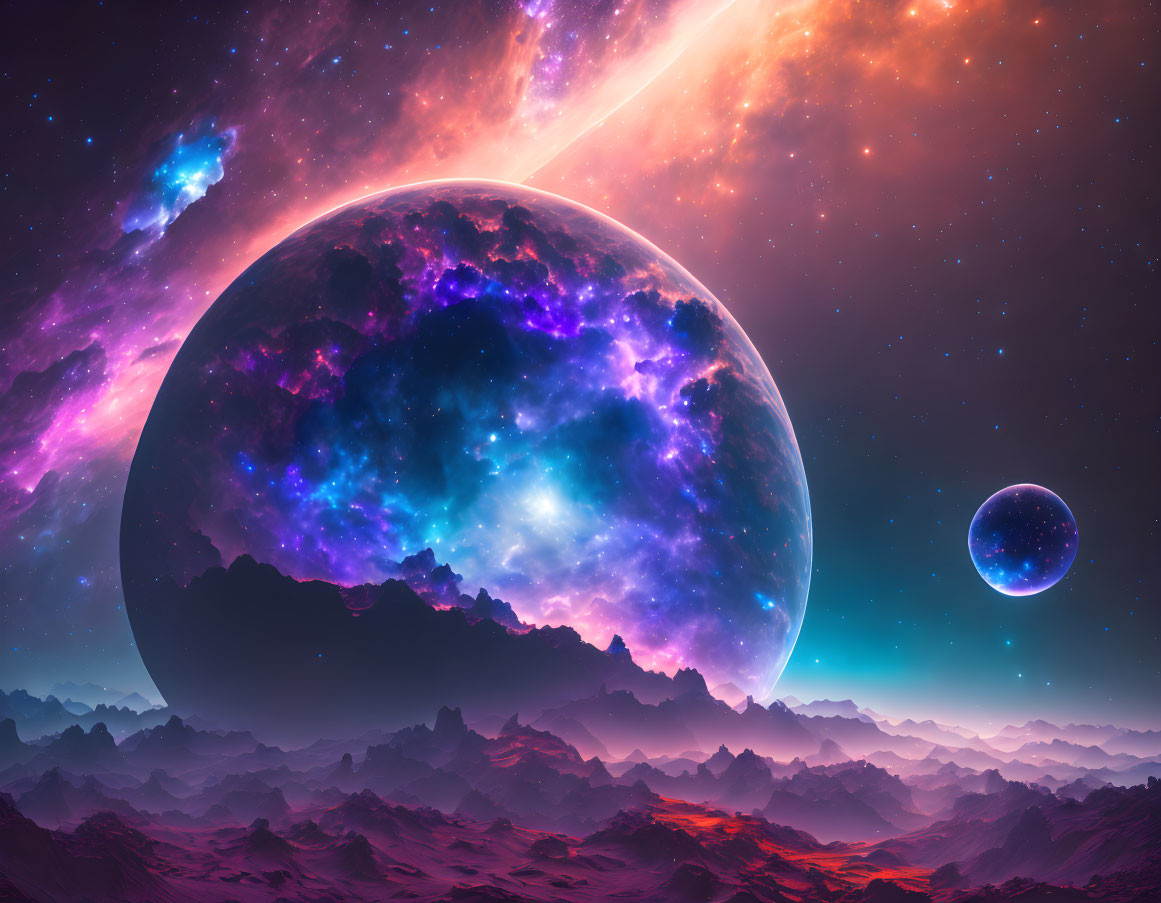 Colorful cosmic scene with nebula-filled planet, moon, starry sky, and alien landscape