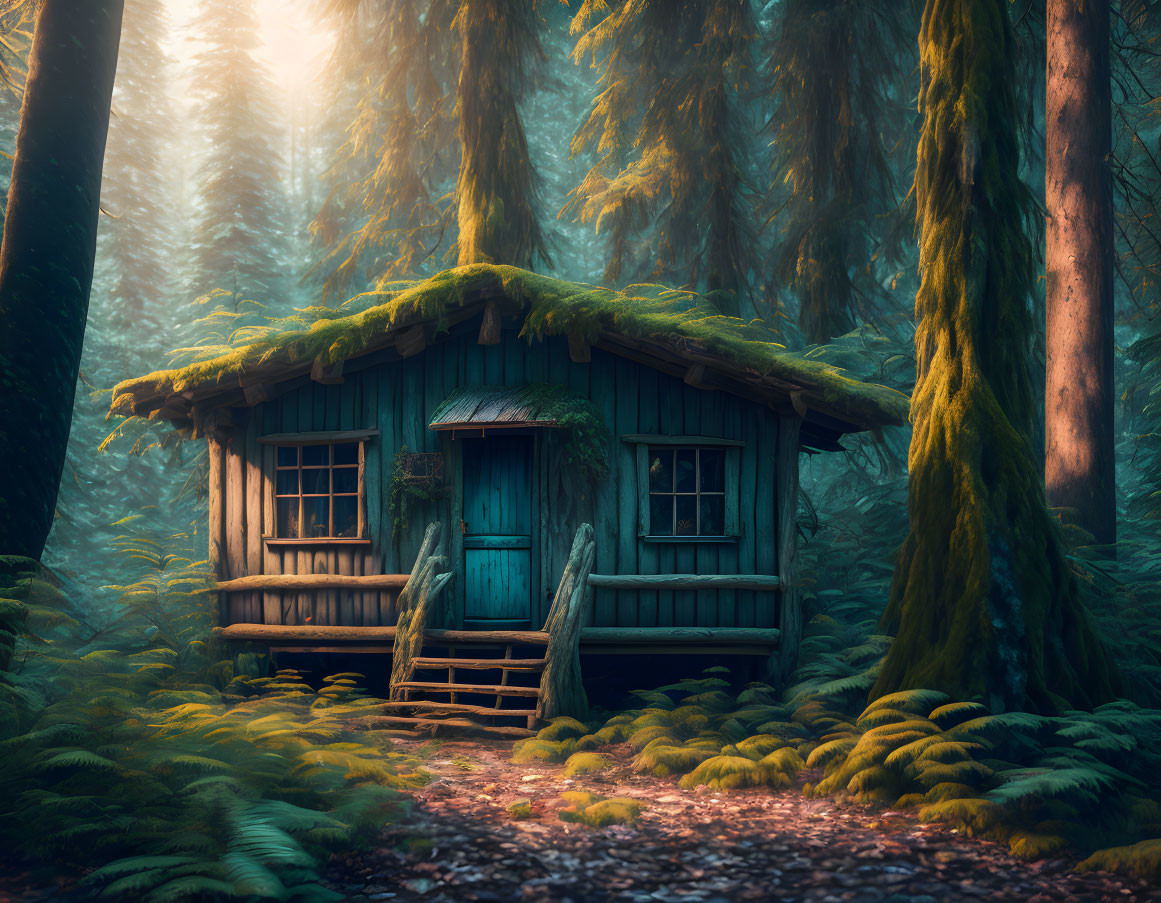 Wooden cabin nestled in misty forest with mossy roof