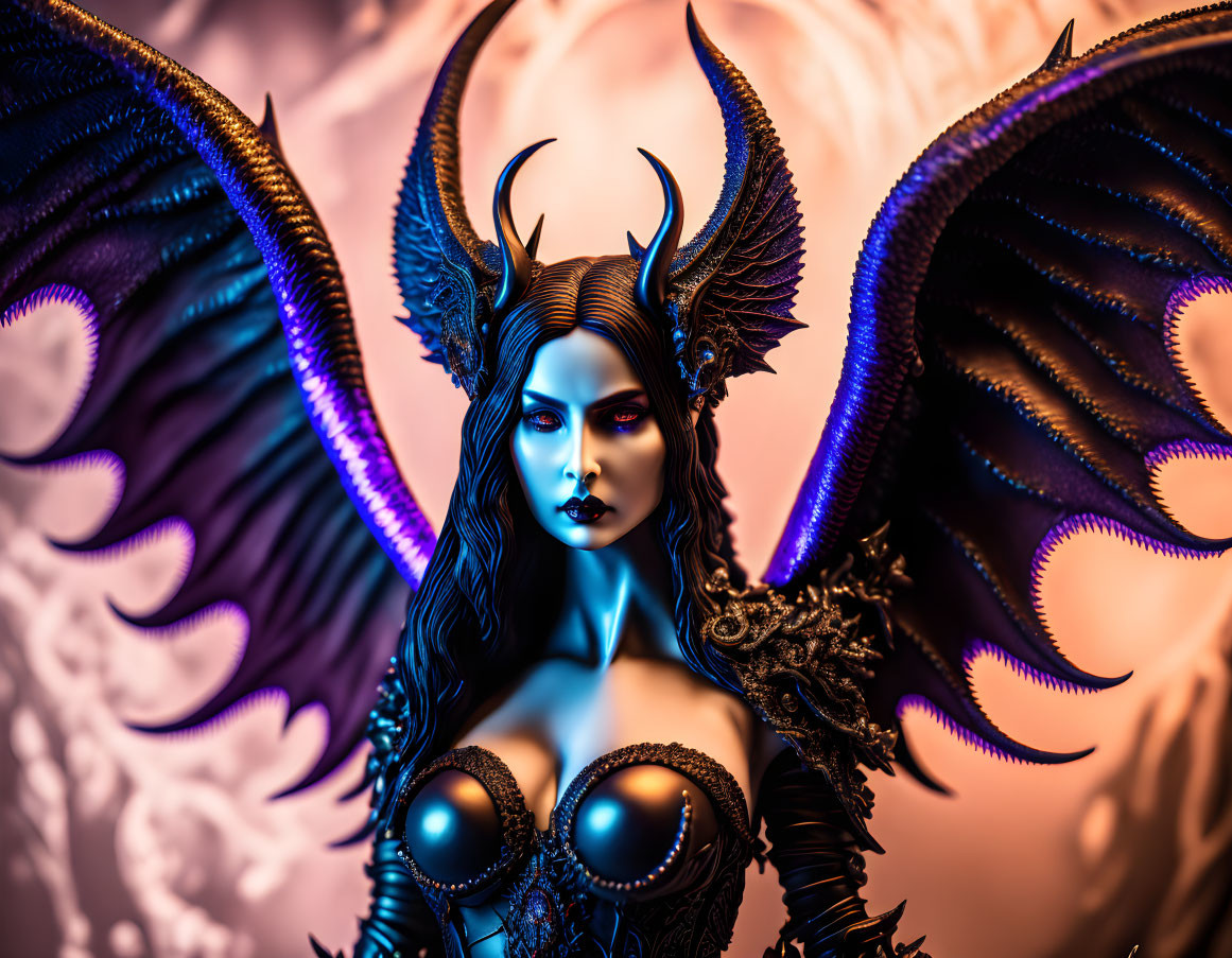 Fantasy female figure with dark horns, black armor, and wings on pink-purple background