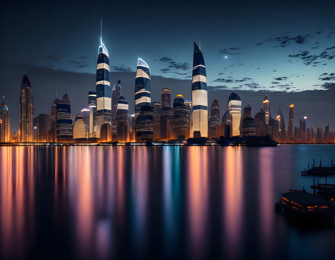 City skyline reflected on water under starry sky with boat.