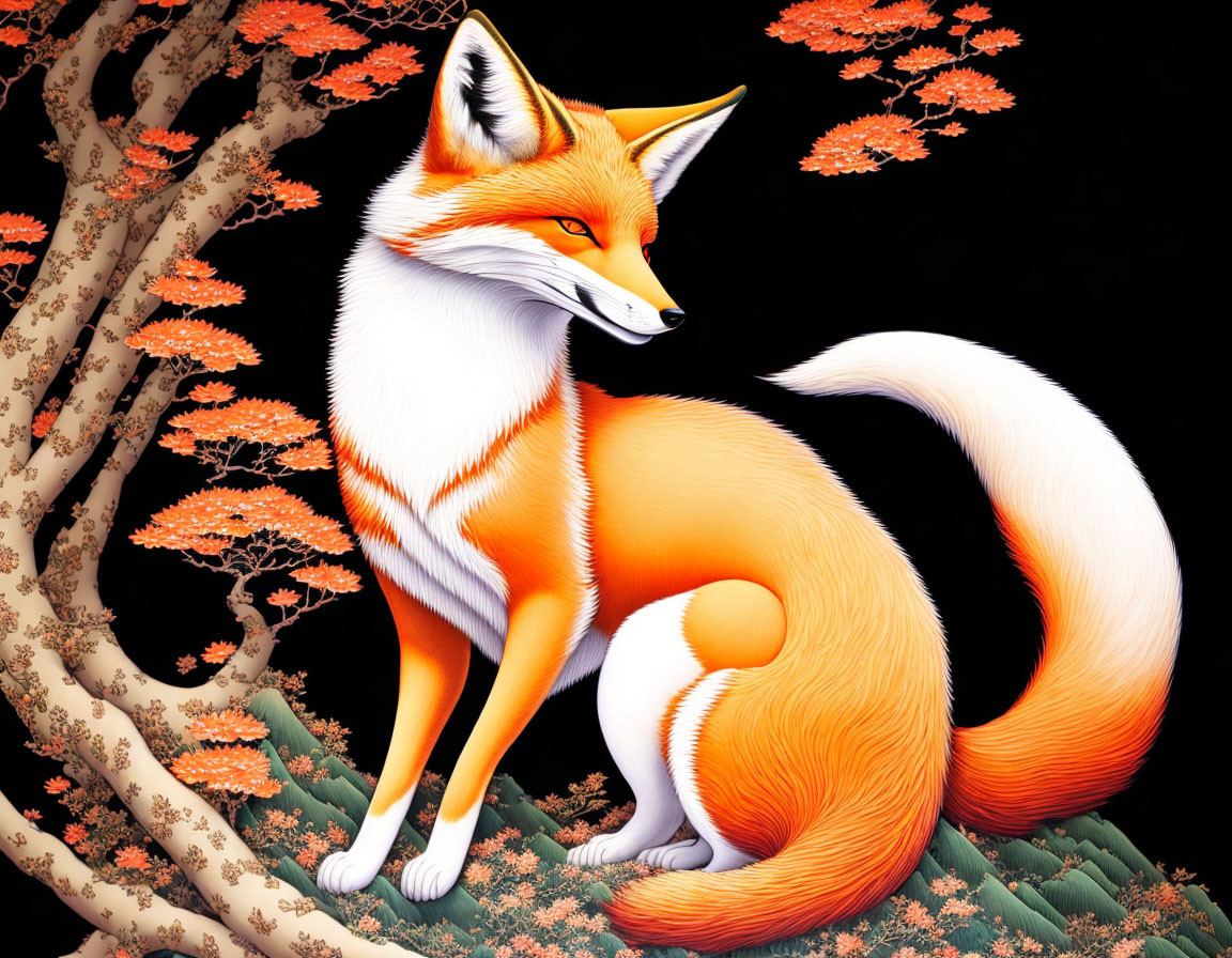 Orange and White Fox Illustration with Bushy Tail in Forest Scene