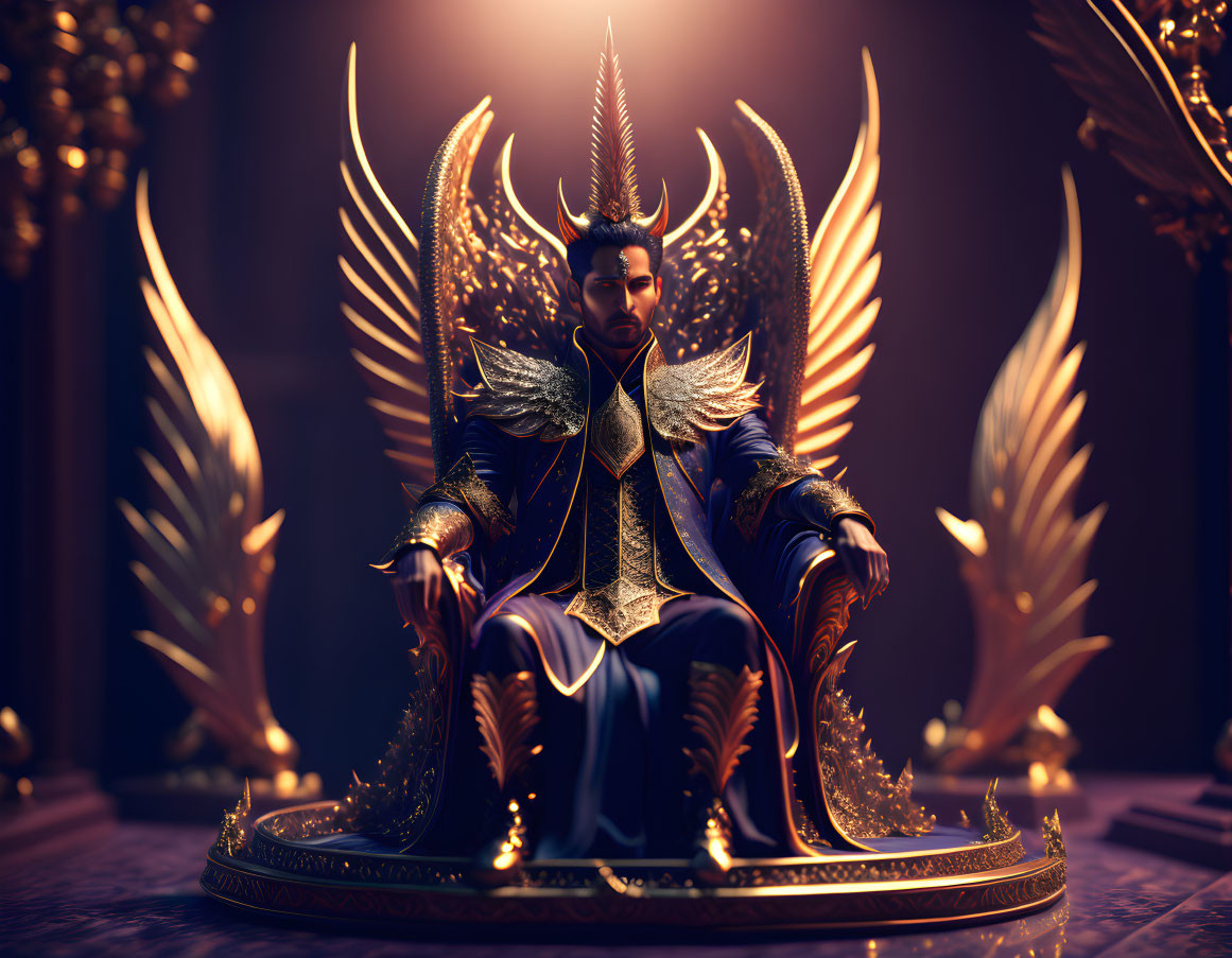 Regal figure in golden armor on winged throne